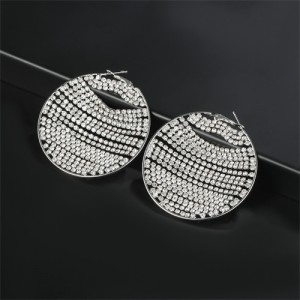 Unique Design Shining Rhinestone Chain Round Shape Exaggerated Women Earrings - Silver