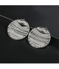 Unique Design Shining Rhinestone Chain Round Shape Exaggerated Women Earrings - Silver