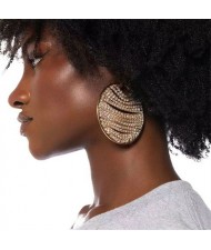 Unique Design Shining Rhinestone Chain Round Shape Exaggerated Women Earrings - Golden