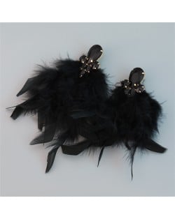 Bohemian Style Fashion Accessories Long Feather Rhinestone Wholesale Earrings - Black