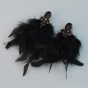 Bohemian Style Fashion Accessories Long Feather Rhinestone Wholesale Earrings - Black