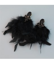 Bohemian Style Fashion Accessories Long Feather Rhinestone Wholesale Earrings - Black