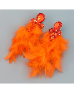 Bohemian Style Fashion Accessories Long Feather Rhinestone Wholesale Earrings - Orange