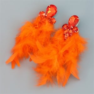 Bohemian Style Fashion Accessories Long Feather Rhinestone Wholesale Earrings - Orange