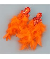 Bohemian Style Fashion Accessories Long Feather Rhinestone Wholesale Earrings - Orange