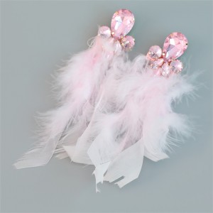 Bohemian Style Fashion Accessories Long Feather Rhinestone Wholesale Earrings - Pink