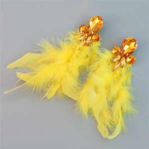 Bohemian Style Fashion Accessories Long Feather Rhinestone Wholesale Earrings - Yellow