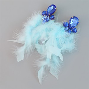 Bohemian Style Fashion Accessories Long Feather Rhinestone Wholesale Earrings - Blue