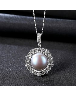 High Quality Elegant Lacework Design Gray Natural Pearl Pendant Women 925 Sterling Silver Necklace