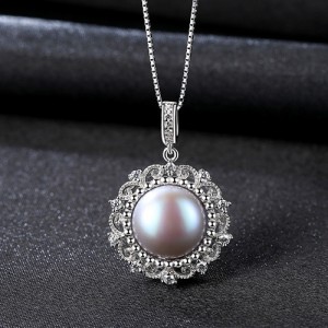 High Quality Elegant Lacework Design Gray Natural Pearl Pendant Women 925 Sterling Silver Necklace
