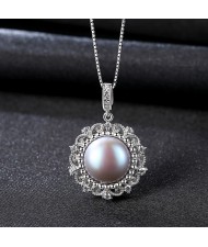 High Quality Elegant Lacework Design Gray Natural Pearl Pendant Women 925 Sterling Silver Necklace