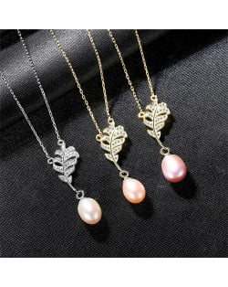 (1 Piece) Cubic Zirconia Leaf with Natural Pearl Pendant Wholesale 925 Sterling Silver Necklace (3 Colors Available)