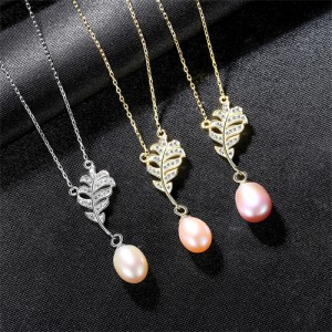 (1 Piece) Cubic Zirconia Leaf with Natural Pearl Pendant Wholesale 925 Sterling Silver Necklace (3 Colors Available)
