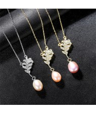 (1 Piece) Cubic Zirconia Leaf with Natural Pearl Pendant Wholesale 925 Sterling Silver Necklace (3 Colors Available)