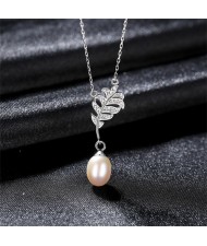 (1 Piece) Cubic Zirconia Leaf with Natural Pearl Pendant Wholesale 925 Sterling Silver Necklace (3 Colors Available)