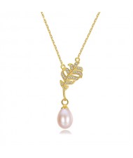 (1 Piece) Cubic Zirconia Leaf with Natural Pearl Pendant Wholesale 925 Sterling Silver Necklace (3 Colors Available)