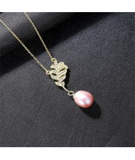 (1 Piece) Cubic Zirconia Leaf with Natural Pearl Pendant Wholesale 925 Sterling Silver Necklace (3 Colors Available)