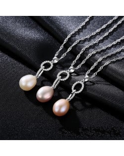 (1 Piece) Cubic Zirconia Circle with Natural Pearl Pendant Wholesale 925 Sterling Silver Necklace (3 Colors Available)