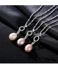 (1 Piece) Cubic Zirconia Circle with Natural Pearl Pendant Wholesale 925 Sterling Silver Necklace (3 Colors Available)