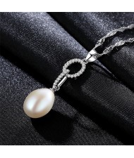 (1 Piece) Cubic Zirconia Circle with Natural Pearl Pendant Wholesale 925 Sterling Silver Necklace (3 Colors Available)