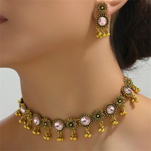 Vintage Flowers Rhinestone Alloy Short Tassel Women Statement Necklace Earrings Jewelry Set - Pink