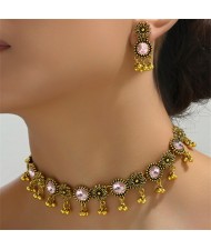 Vintage Flowers Rhinestone Alloy Short Tassel Women Statement Necklace Earrings Jewelry Set - Pink