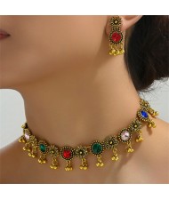 Vintage Flowers Rhinestone Alloy Short Tassel Women Statement Necklace Earrings Jewelry Set - Multicolor