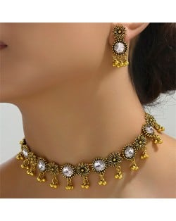 Vintage Flowers Rhinestone Alloy Short Tassel Women Statement Necklace Earrings Jewelry Set - White