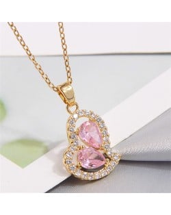Simple Design Pink Cubic Zirconia Heart Pendant Office Lady Women Copper Necklace