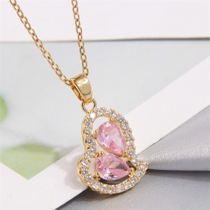 Simple Design Pink Cubic Zirconia Heart Pendant Office Lady Women Copper Necklace