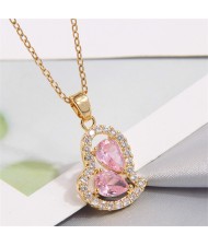 Simple Design Pink Cubic Zirconia Heart Pendant Office Lady Women Copper Necklace