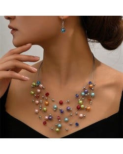 Multi-layer Pearl and Crystal Beads Costume Necklace and Earrings Jewelry Set - Multicolor