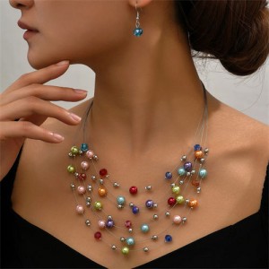 Multi-layer Pearl and Crystal Beads Costume Necklace and Earrings Jewelry Set - Multicolor