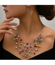Multi-layer Pearl and Crystal Beads Costume Necklace and Earrings Jewelry Set - Multicolor