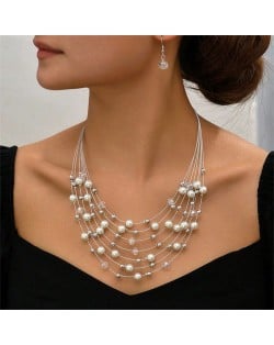 Multi-layer Pearl and Crystal Beads Costume Necklace and Earrings Jewelry Set - White