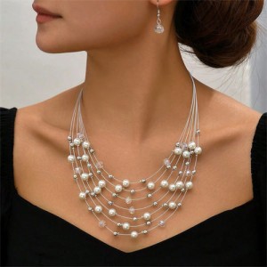Multi-layer Pearl and Crystal Beads Costume Necklace and Earrings Jewelry Set - White
