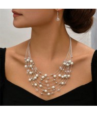 Multi-layer Pearl and Crystal Beads Costume Necklace and Earrings Jewelry Set - White