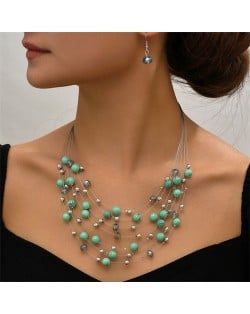 Multi-layer Pearl and Crystal Beads Costume Necklace and Earrings Jewelry Set - Green
