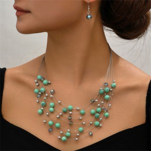 Multi-layer Pearl and Crystal Beads Costume Necklace and Earrings Jewelry Set - Green
