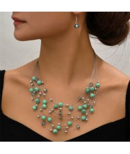 Multi-layer Pearl and Crystal Beads Costume Necklace and Earrings Jewelry Set - Green