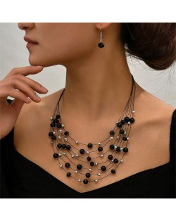 Multi-layer Pearl and Crystal Beads Costume Necklace and Earrings Jewelry Set - Black