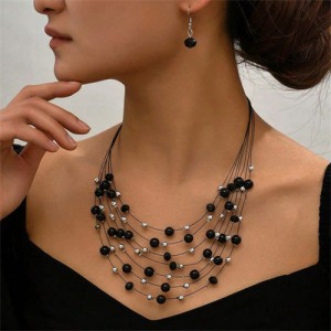 Multi-layer Pearl and Crystal Beads Costume Necklace and Earrings Jewelry Set - Black