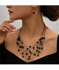 Multi-layer Pearl and Crystal Beads Costume Necklace and Earrings Jewelry Set - Black