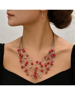 Multi-layer Pearl and Crystal Beads Costume Necklace and Earrings Jewelry Set - Red