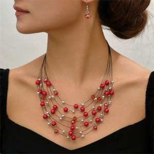 Multi-layer Pearl and Crystal Beads Costume Necklace and Earrings Jewelry Set - Red