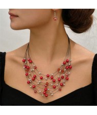 Multi-layer Pearl and Crystal Beads Costume Necklace and Earrings Jewelry Set - Red