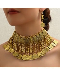 Middle East Coins Tassel Fashion Alloy Wholesale Costume Necklace and Earrings Jewelry Set - Golden