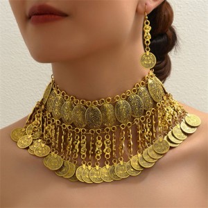 Middle East Coins Tassel Fashion Alloy Wholesale Costume Necklace and Earrings Jewelry Set - Golden