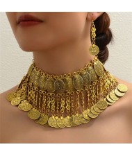Middle East Coins Tassel Fashion Alloy Wholesale Costume Necklace and Earrings Jewelry Set - Golden