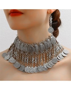 Middle East Coins Tassel Fashion Alloy Wholesale Costume Necklace and Earrings Jewelry Set - Silver